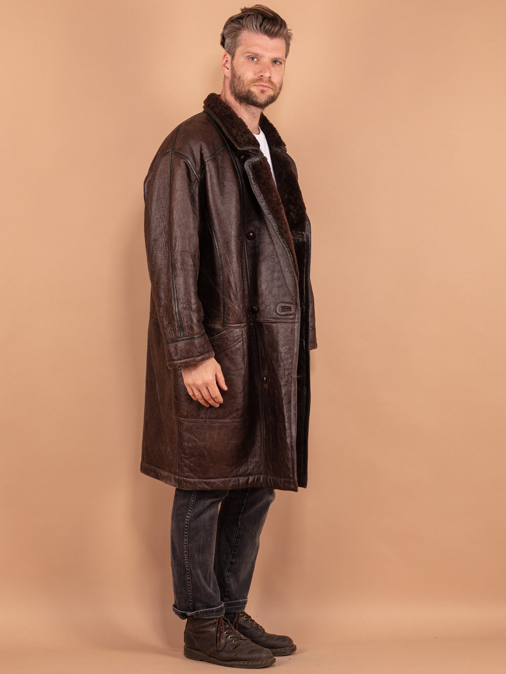Vintage 80's Men Sheepskin Coat in Brown - NorthernGrip