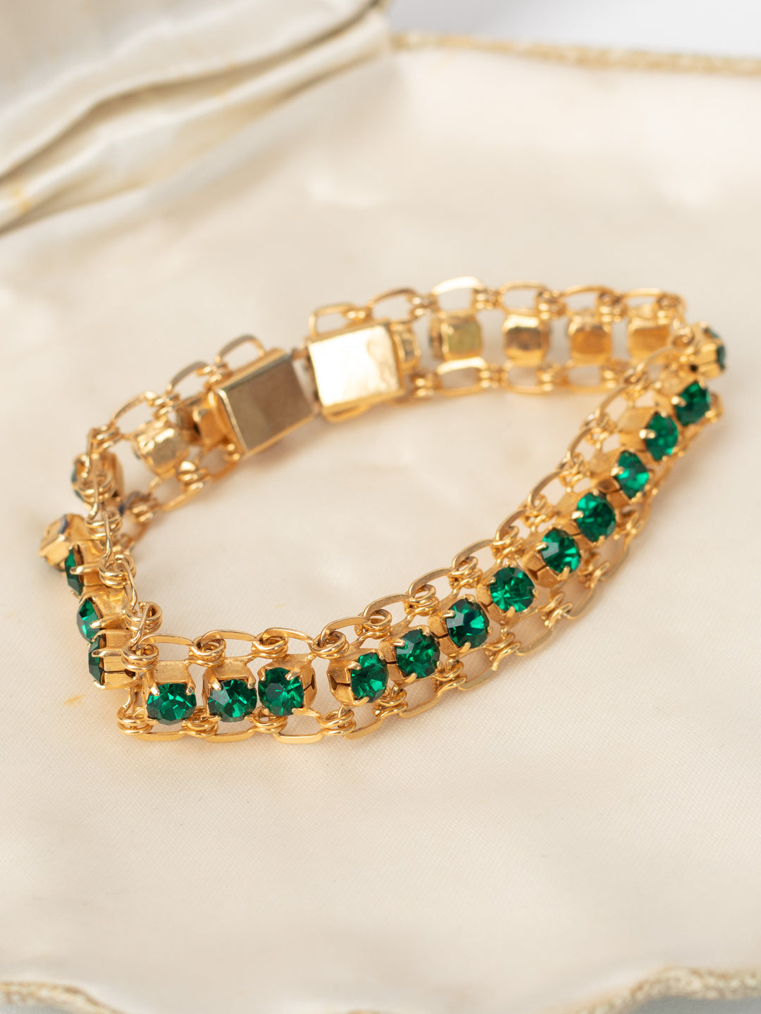 Vintage 60's Green Rhinestone Double Row Bracelet