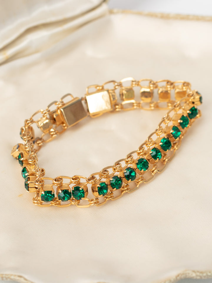 Vintage 60's Green Rhinestone Double Row Bracelet