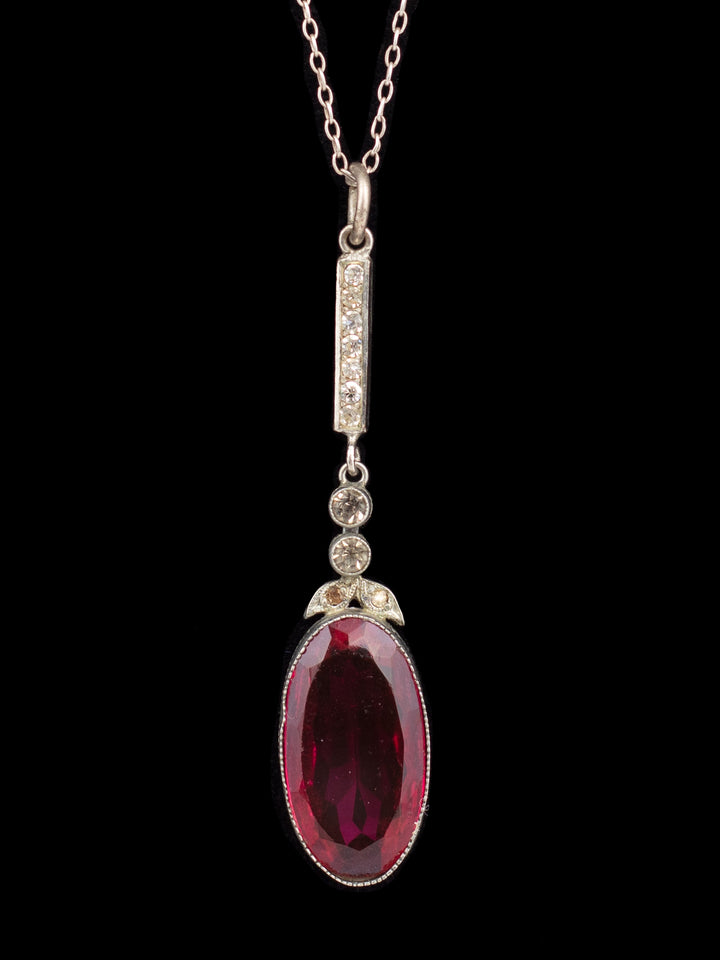 Vintage 30s Art Deco Red Glass Pendant Necklace with Rhinestones