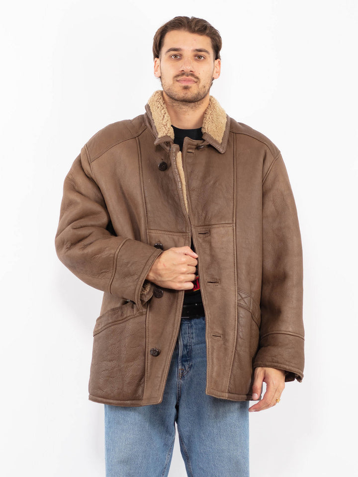 Vintage 80's Men Shearling Leather Coat in Brown