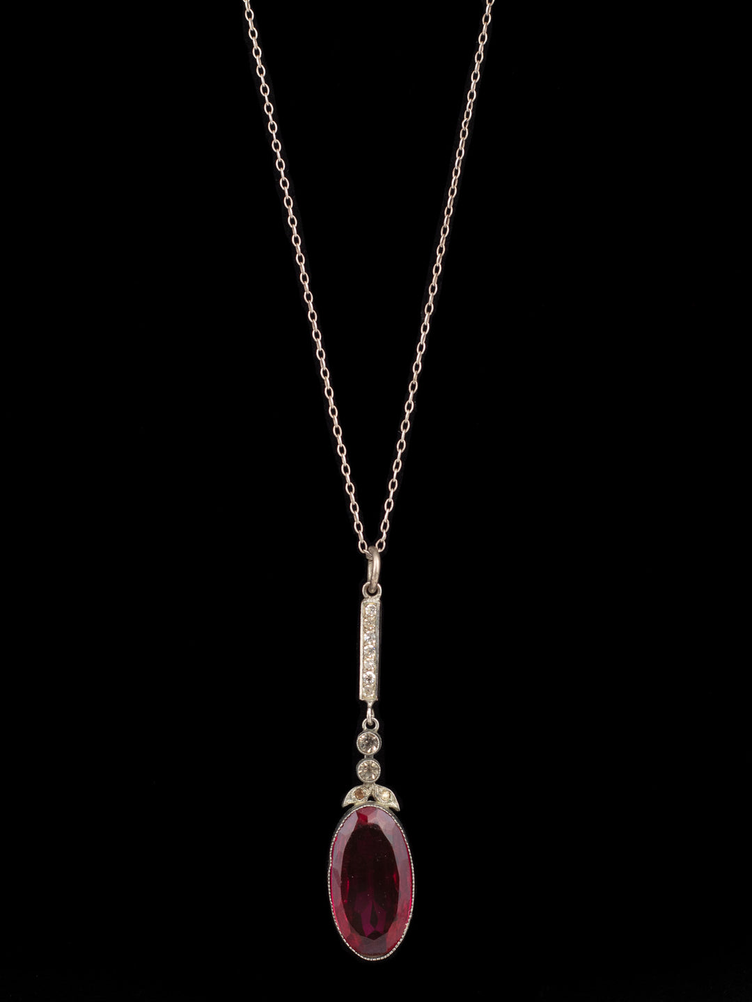 Vintage 30s Art Deco Red Glass Pendant Necklace with Rhinestones