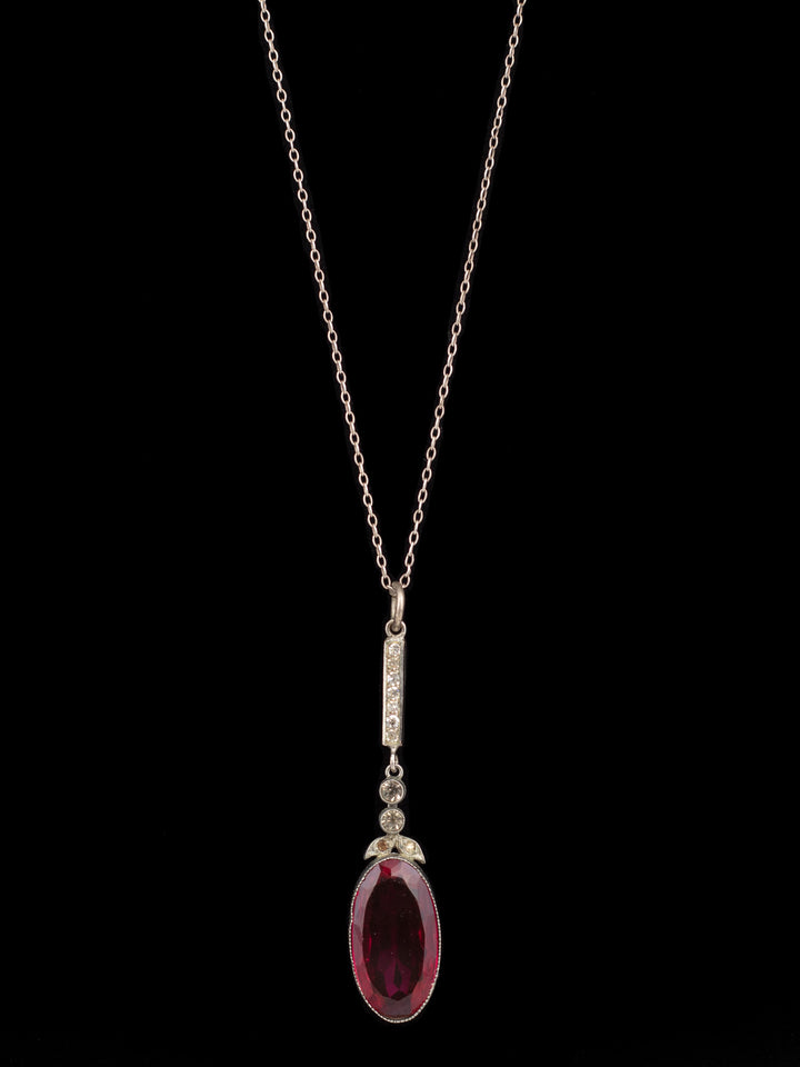 Vintage 30s Art Deco Red Glass Pendant Necklace with Rhinestones