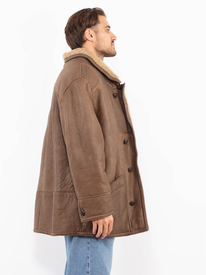 Vintage 80's Men Shearling Leather Coat in Brown