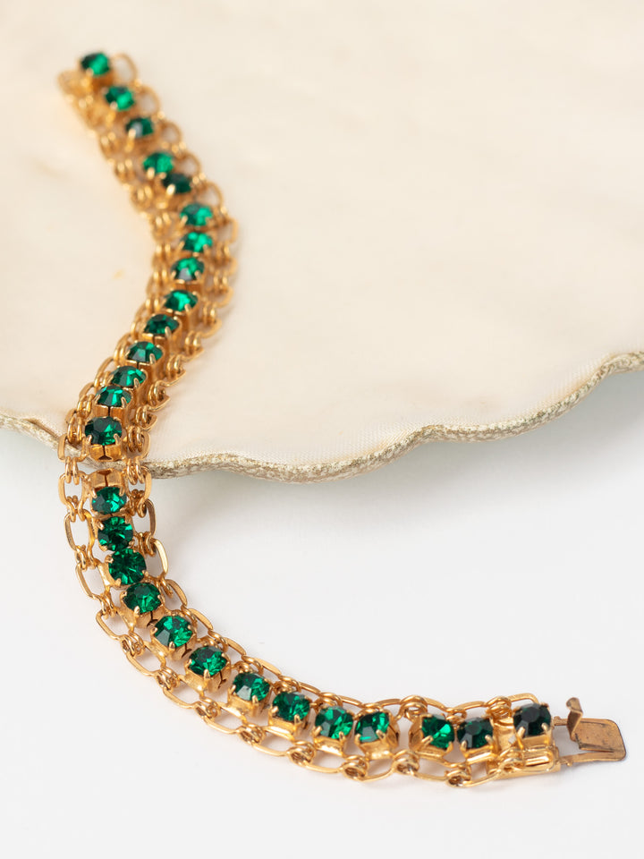 Vintage 60's Green Rhinestone Double Row Bracelet