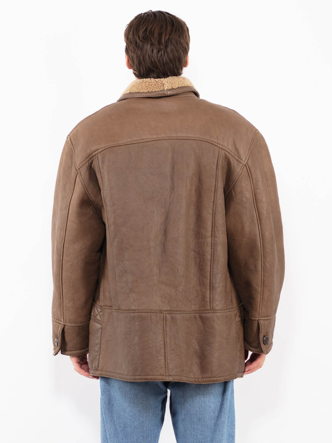 Vintage 80's Men Shearling Leather Coat in Brown