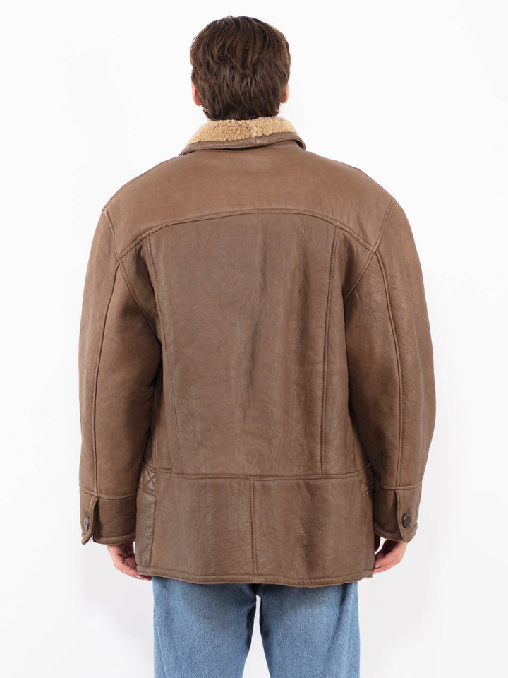 Vintage 80's Men Shearling Leather Coat in Brown