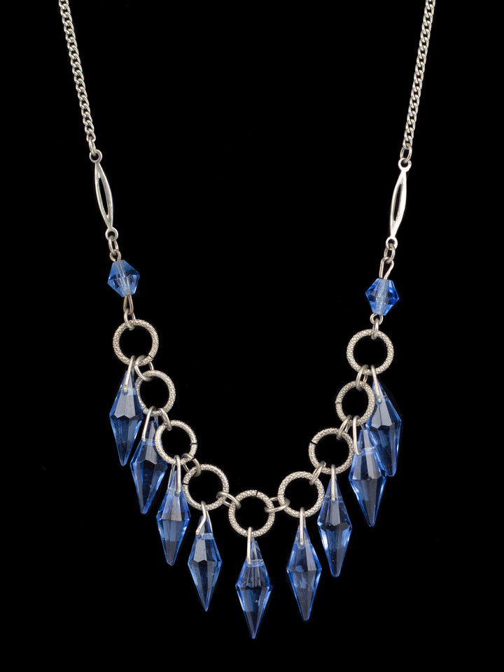 Vintage Art Deco Style Blue Glass Dangle Pendant Necklace