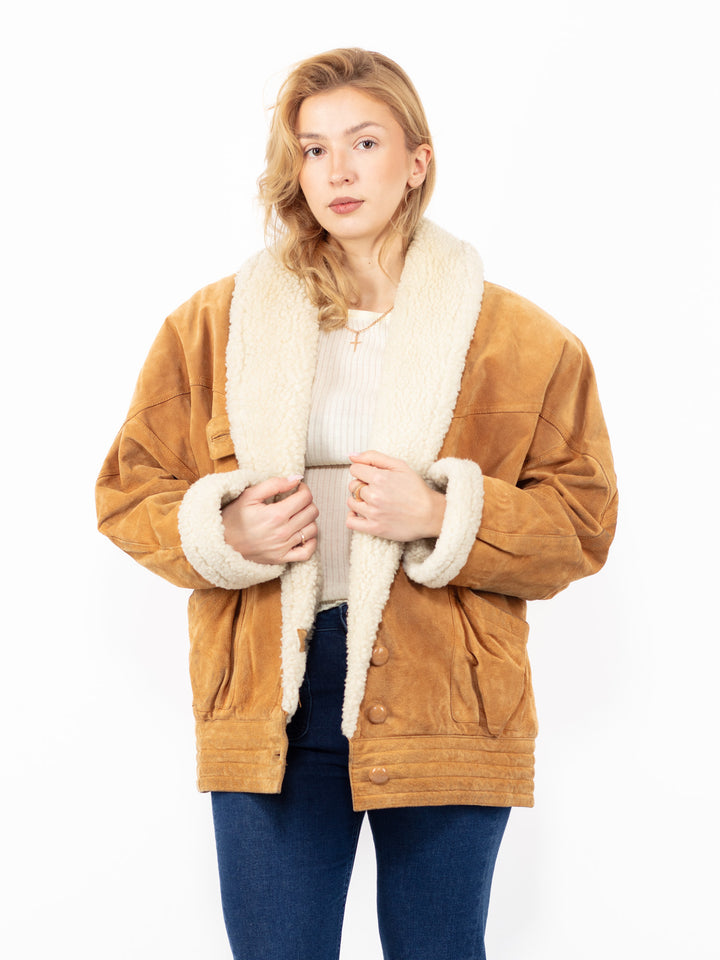 Vintage 90's Women Suede Sherpa Coat in Brown