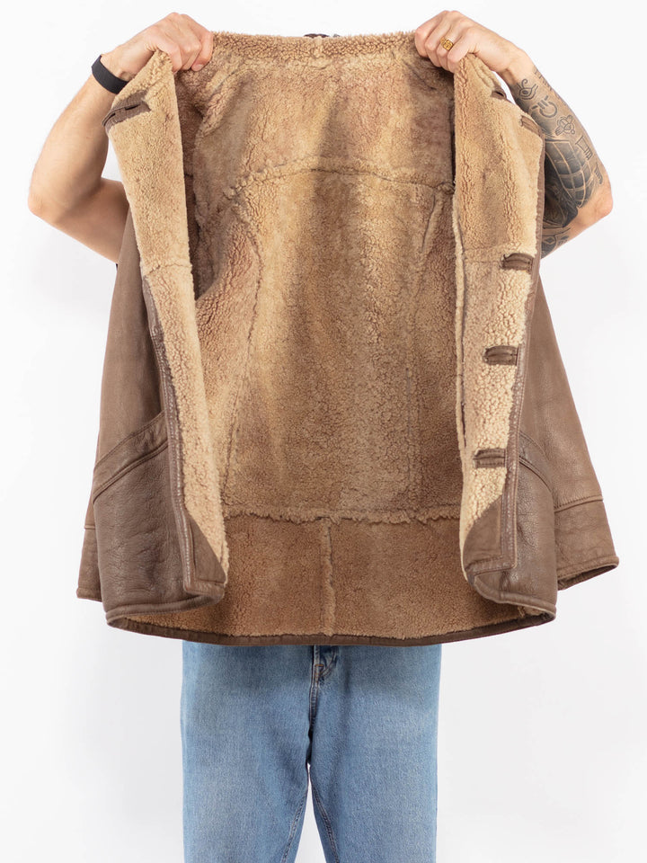 Vintage 80's Men Shearling Leather Coat in Brown