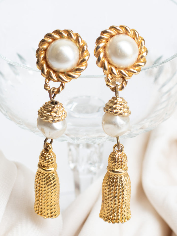 Vintage 80's Tassel Earrings with Faux Pearls