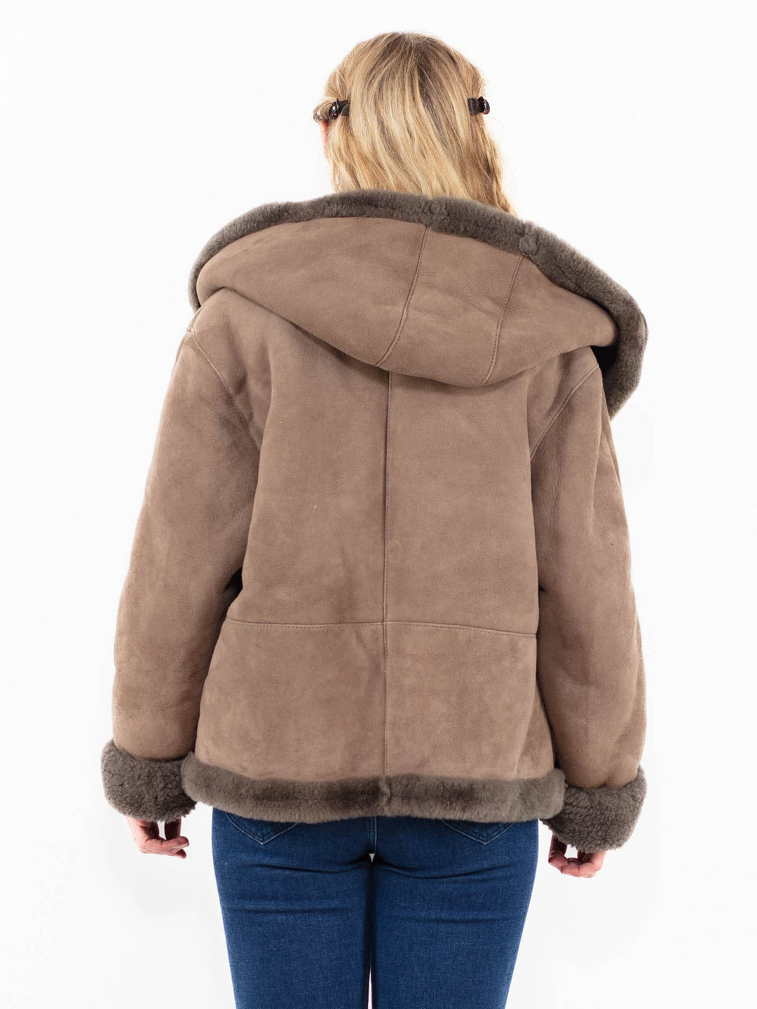 Vintage 90's Women Hooded Sheepskin Jacket in Beige