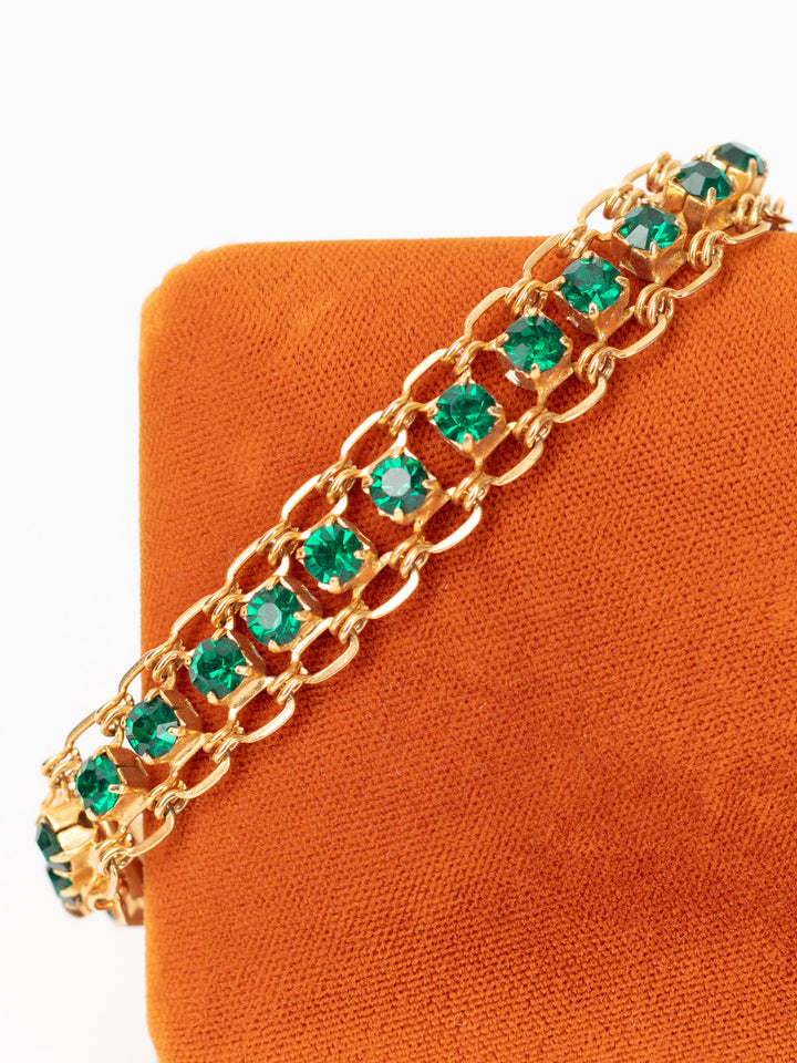 Vintage 60's Green Rhinestone Double Row Bracelet