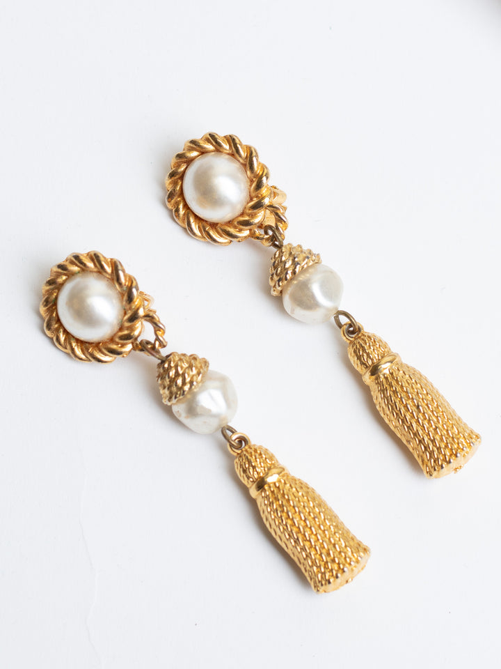 Vintage 80's Tassel Earrings with Faux Pearls