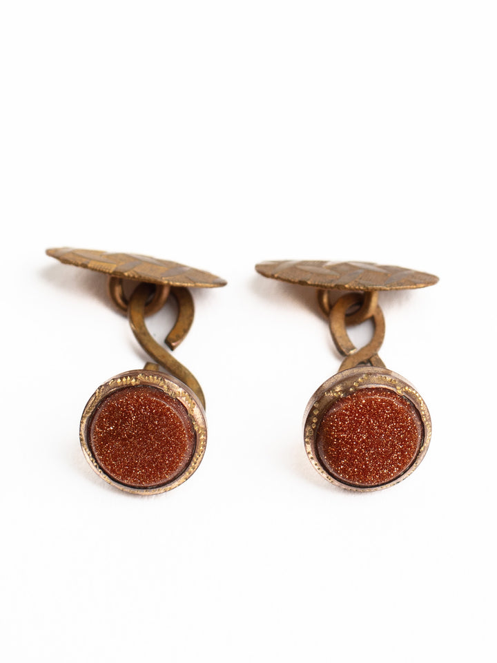 Vintage 30s Art Deco Goldstone Cufflinks with Brass Chain Link Design