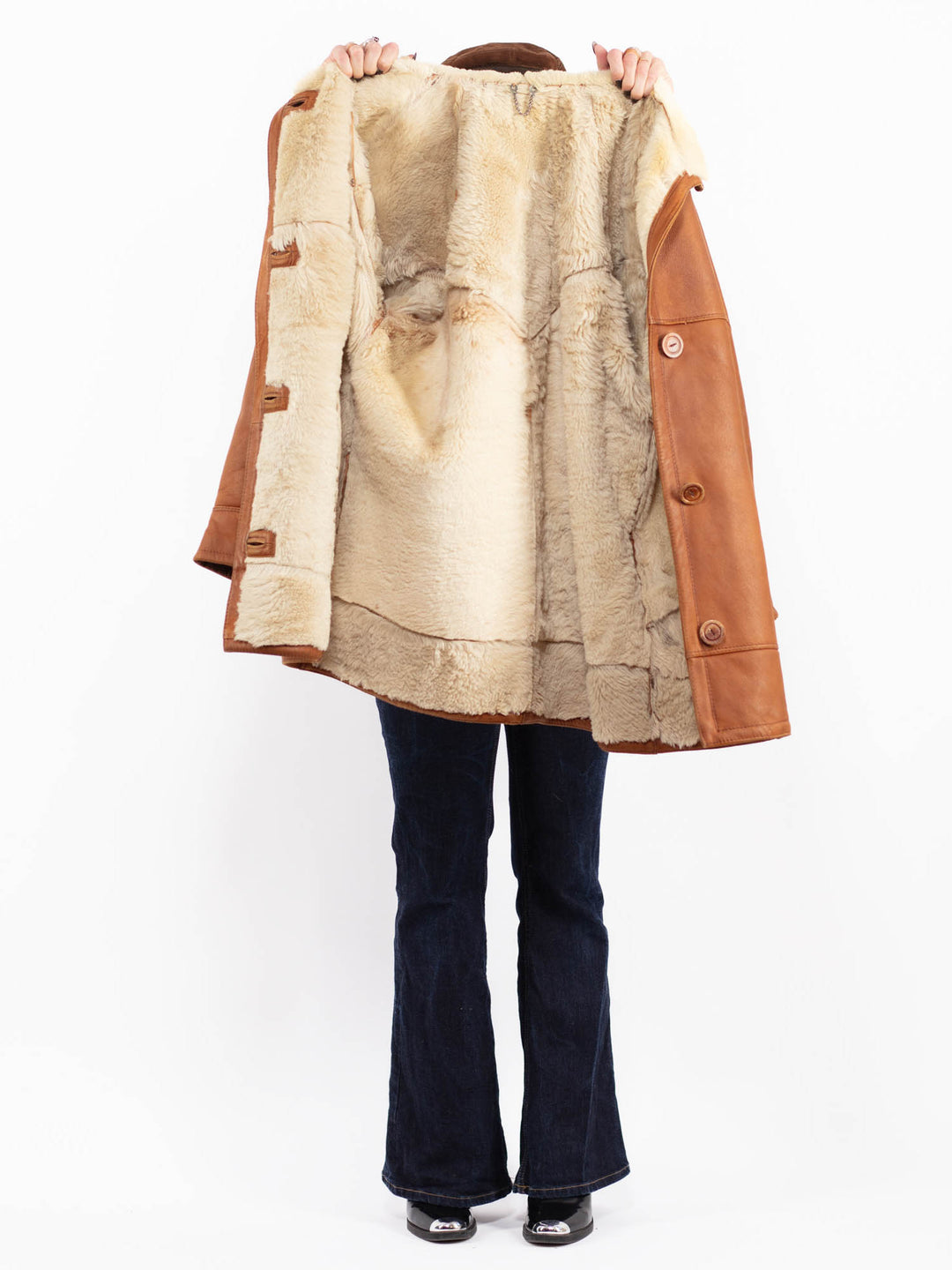 Vintage 80's Women Oversized Sheepskin Coat in Brown