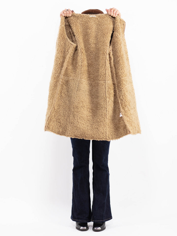 Vintage 90's Women Faux Sheepskin Coat in Beige