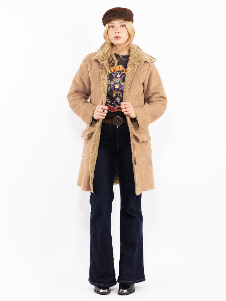 Vintage 90's Women Faux Sheepskin Coat in Beige