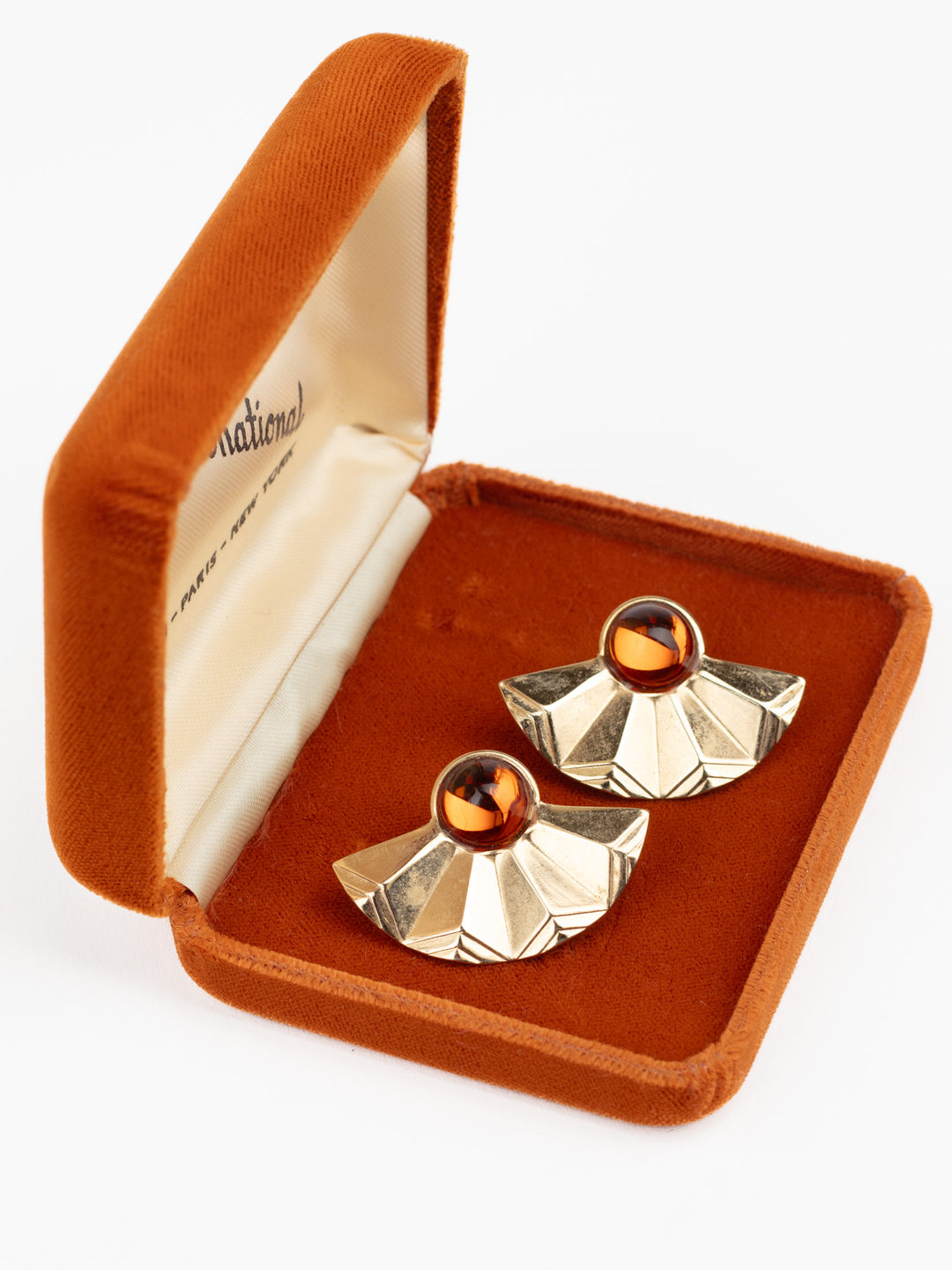 Vintage 80s Fan-Shaped Earrings with Amber Glass Cabochons