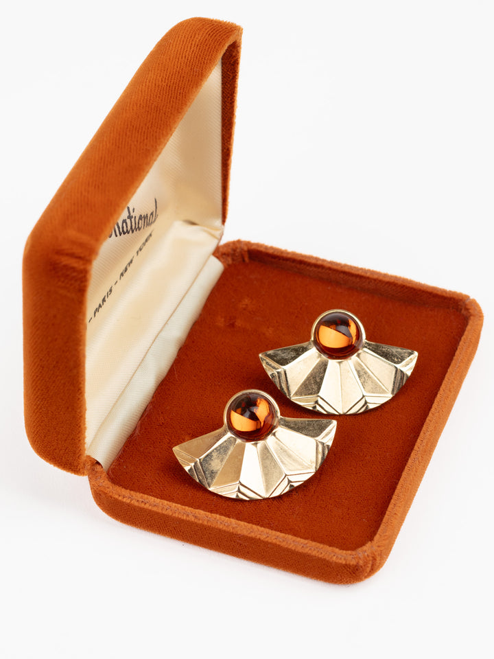 Vintage 80s Fan-Shaped Earrings with Amber Glass Cabochons