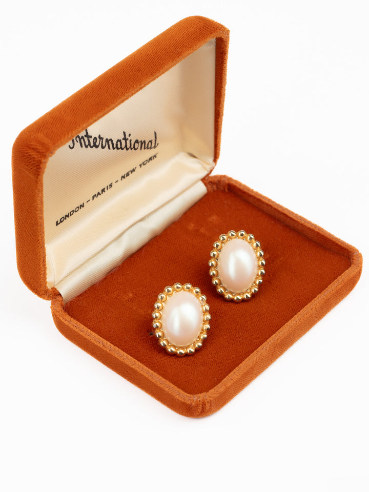 Vintage 80s Oval Faux Pearl Earrings with Beaded Gold-Tone Frame