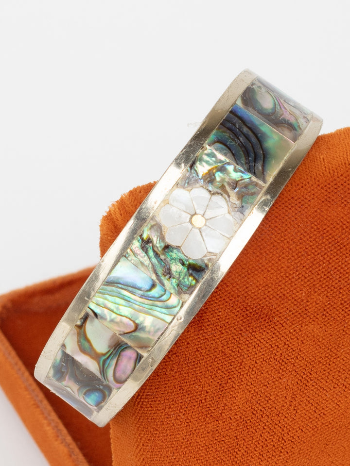 Vintage 70s Abalone Inlay Cuff Bracelet with Mother of Pearl Flower