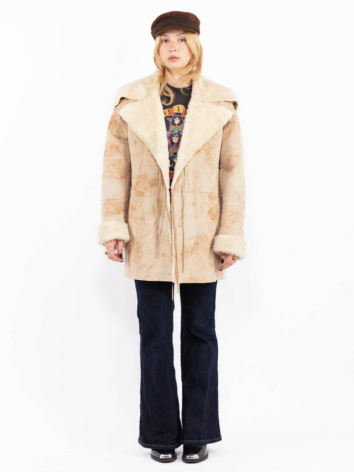 Vintage 90's Penny Lane Faux Sheepskin Coat in Beige
