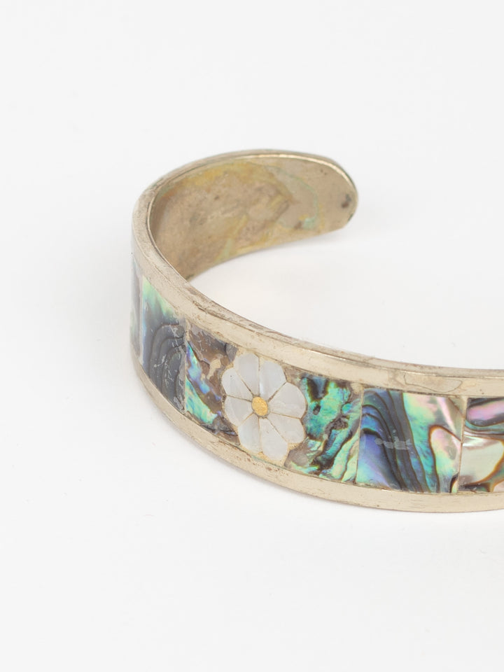 Vintage 70s Abalone Inlay Cuff Bracelet with Mother of Pearl Flower