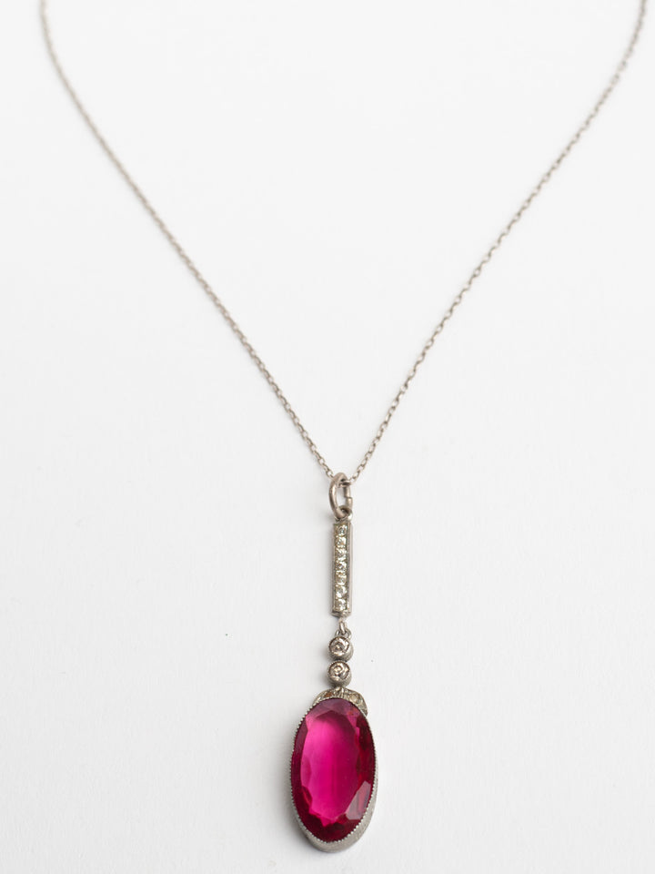 Vintage 30s Art Deco Red Glass Pendant Necklace with Rhinestones