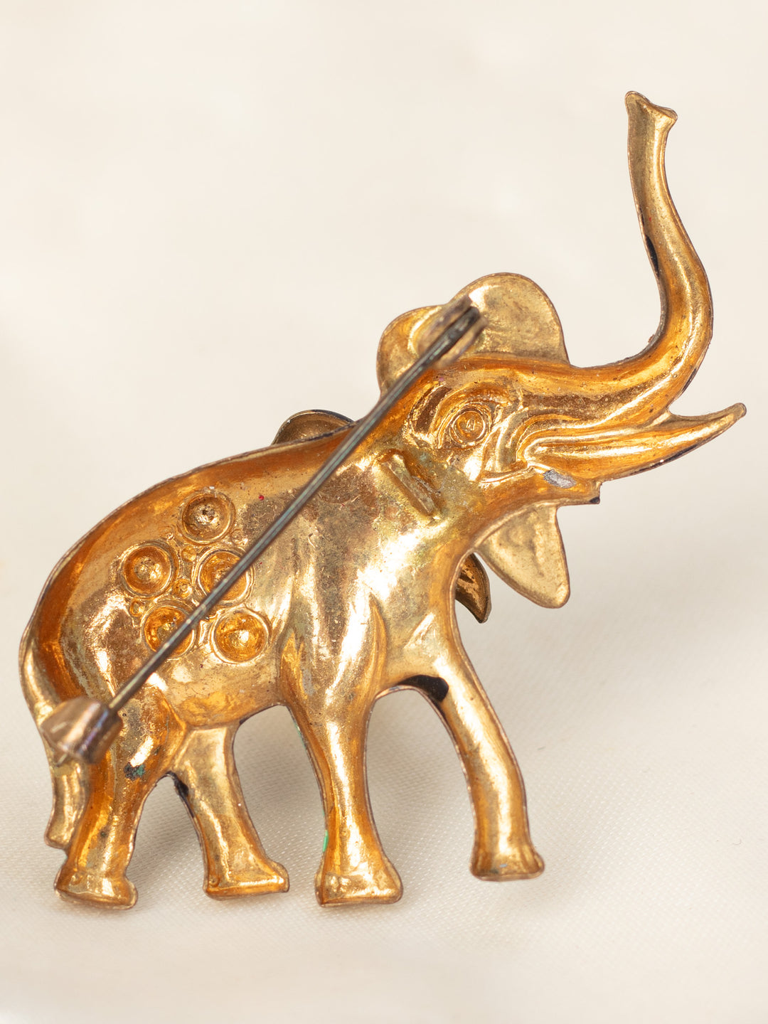 Vintage 70's Green and Gold Enamel Elephant Brooch