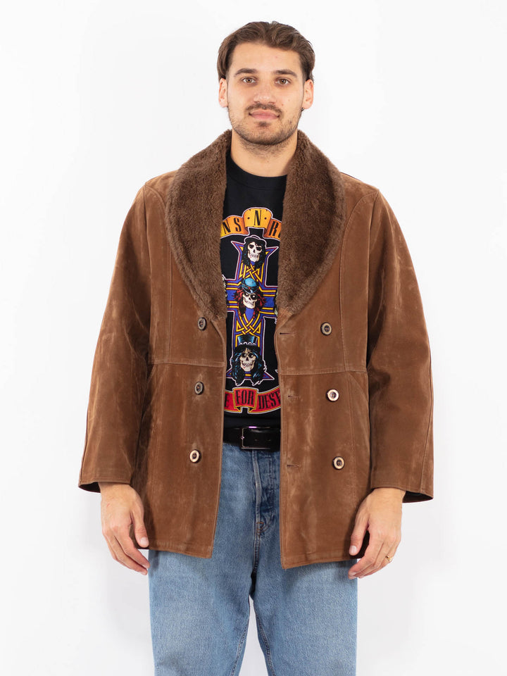 Vintage 80's Men Faux Sheepskin Coat in Brown