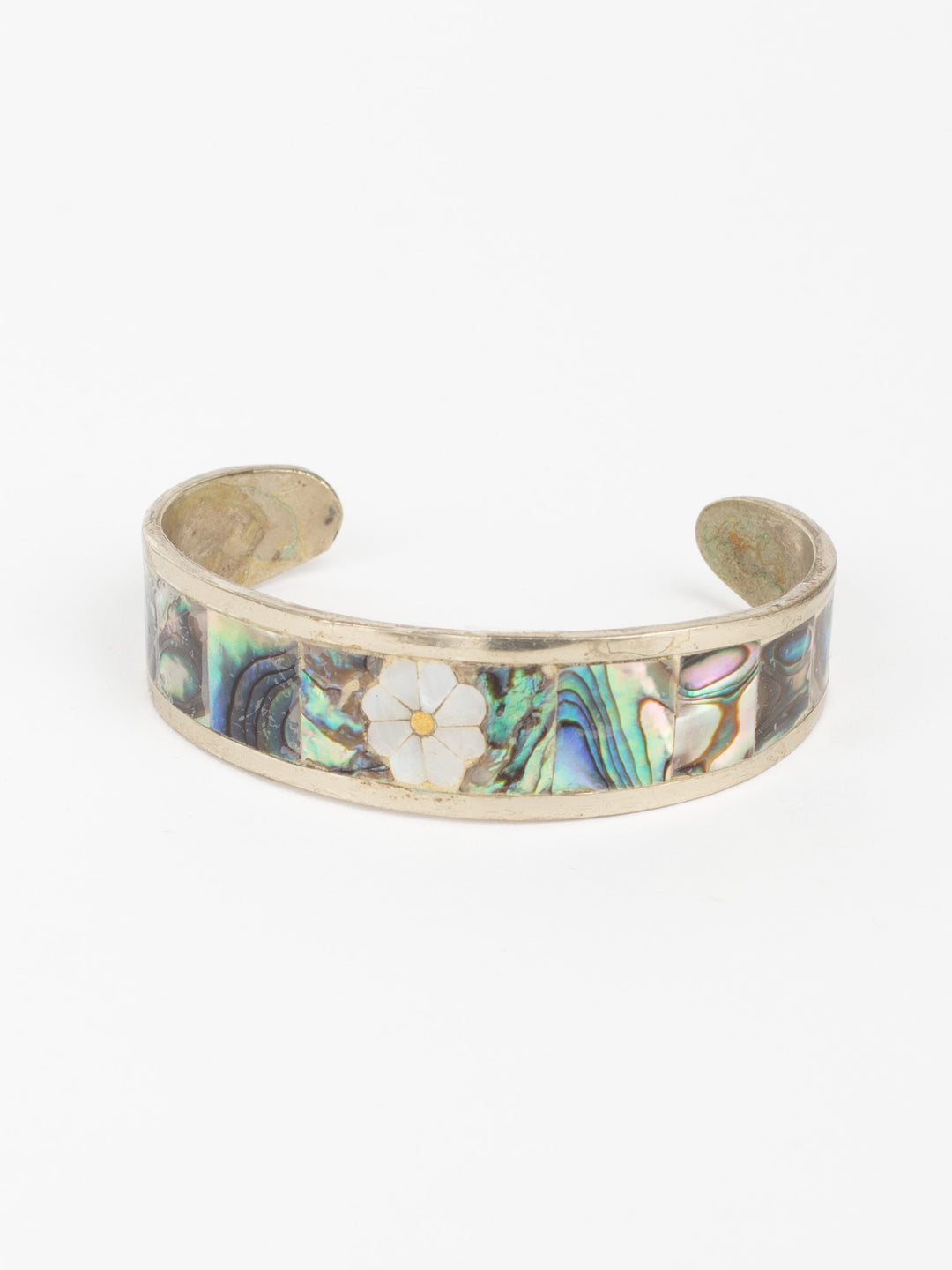 Vintage 70s Abalone Inlay Cuff Bracelet with Mother of Pearl Flower