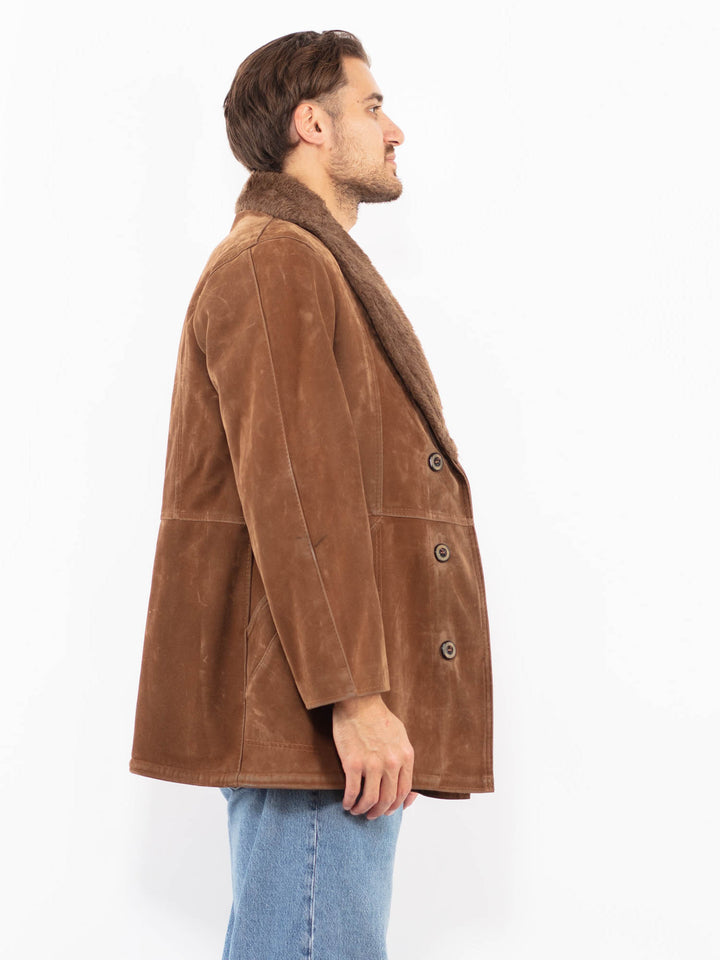 Vintage 80's Men Faux Sheepskin Coat in Brown