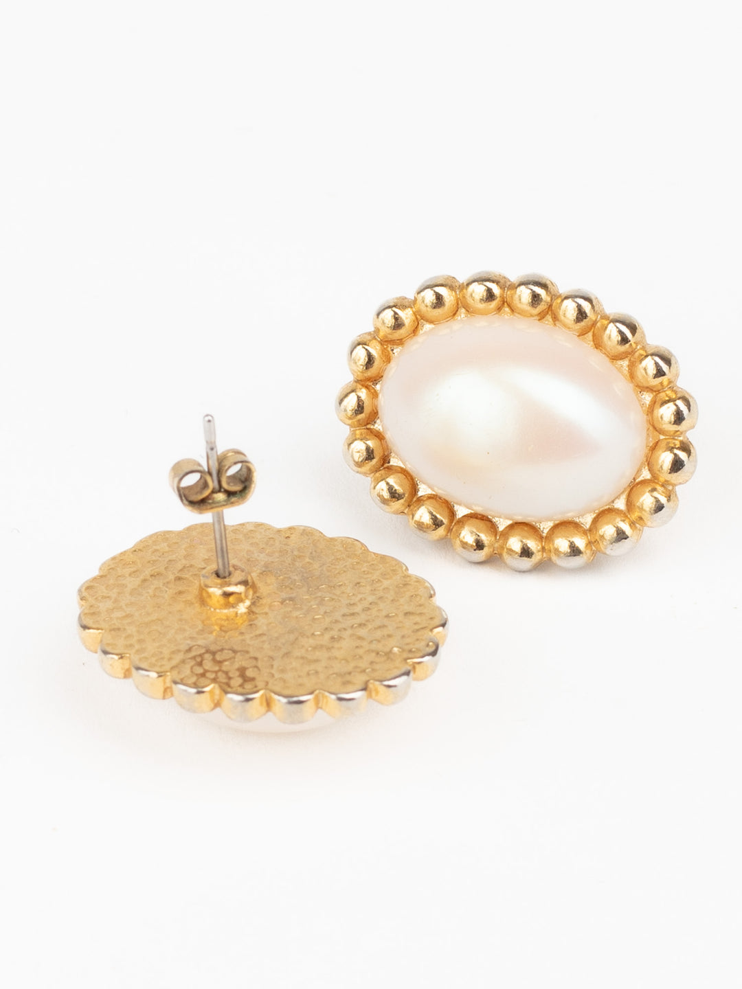 Vintage 80s Oval Faux Pearl Earrings with Beaded Gold-Tone Frame