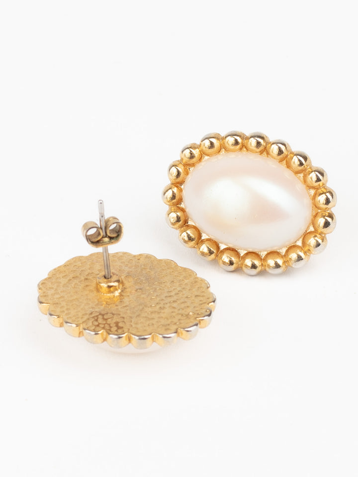 Vintage 80s Oval Faux Pearl Earrings with Beaded Gold-Tone Frame