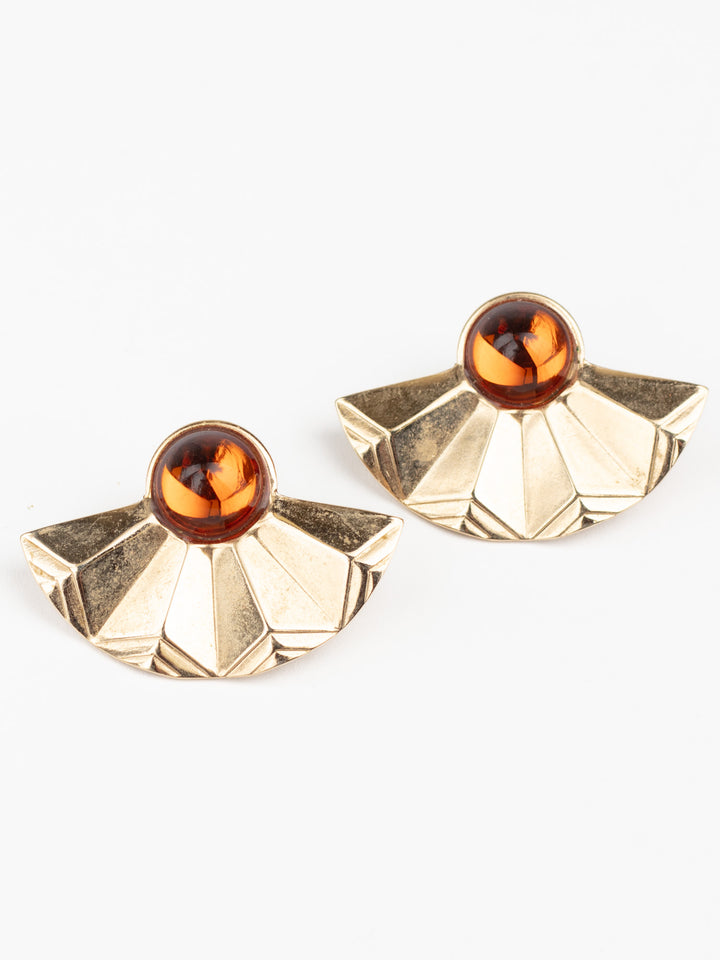 Vintage 80s Fan-Shaped Earrings with Amber Glass Cabochons