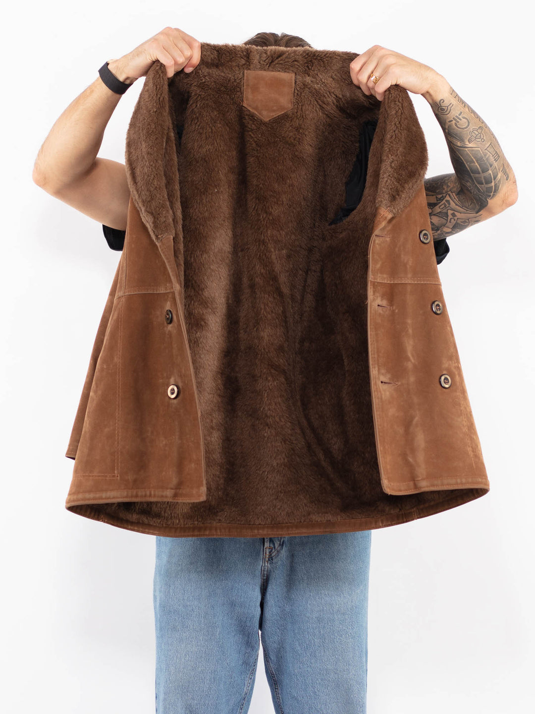 Vintage 80's Men Faux Sheepskin Coat in Brown