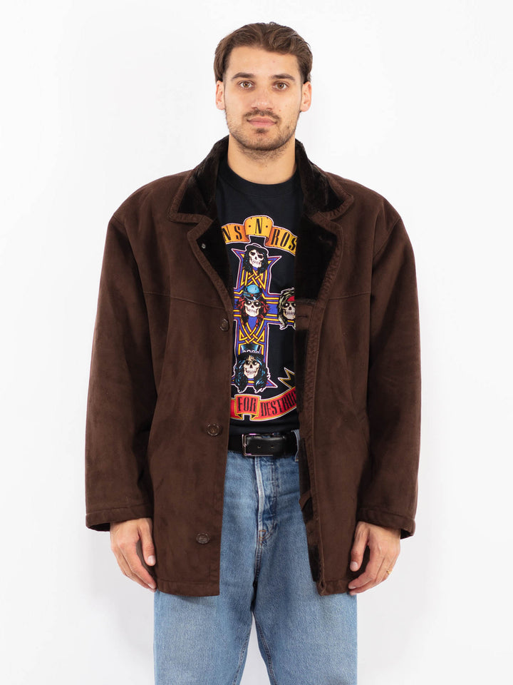 Vintage 80's Men Faux Sheepskin Coat in Brown