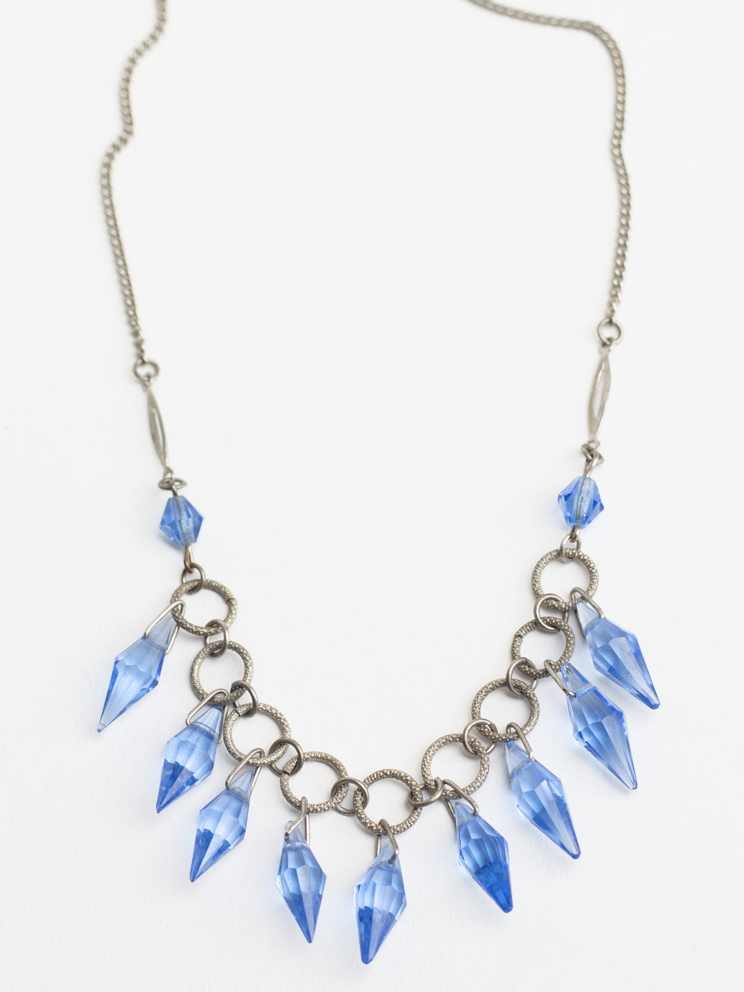 Vintage Art Deco Style Blue Glass Dangle Pendant Necklace