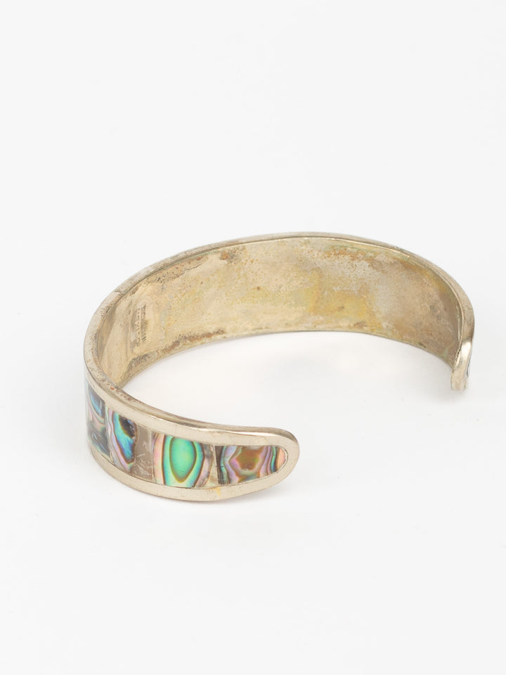 Vintage 70s Abalone Inlay Cuff Bracelet with Mother of Pearl Flower