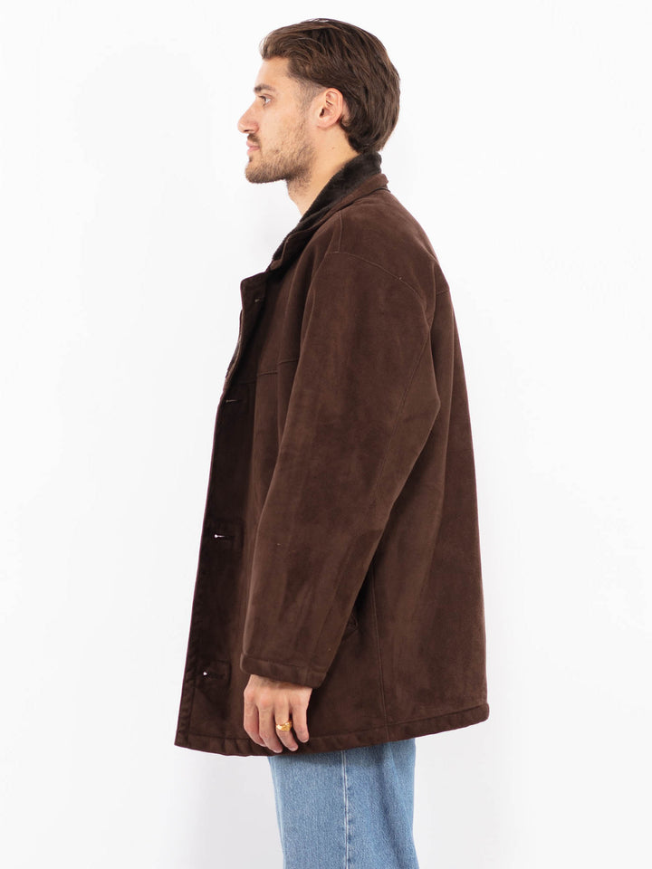 Vintage 80's Men Faux Sheepskin Coat in Brown