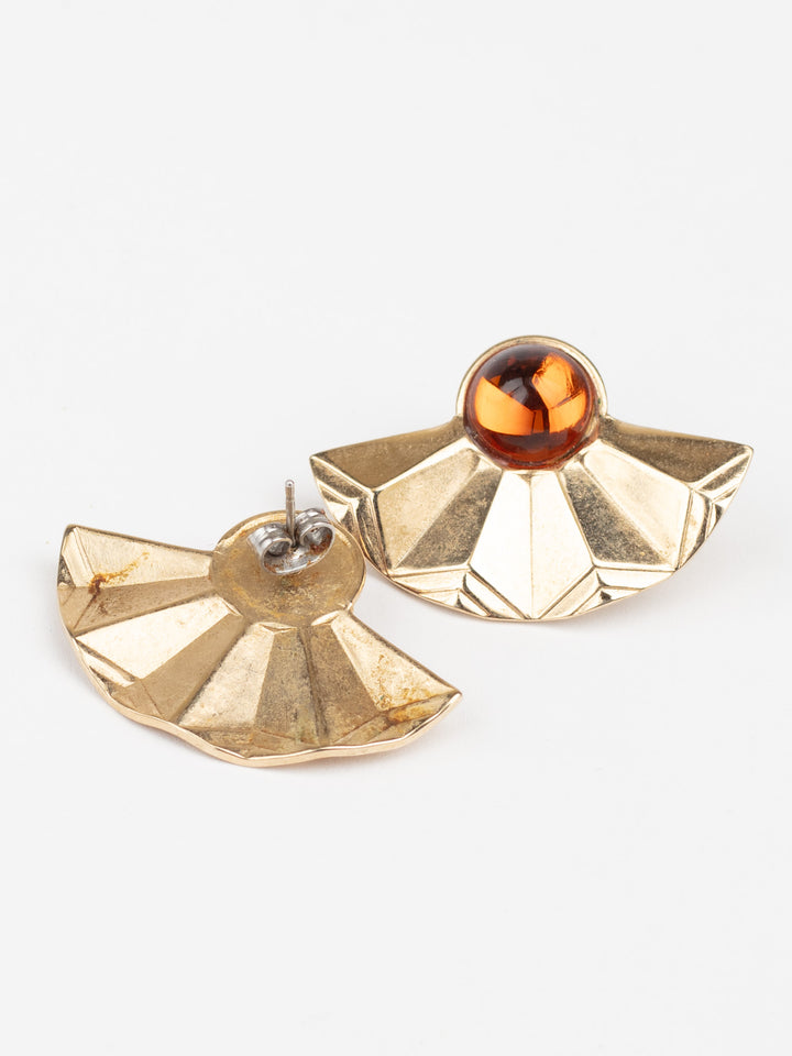 Vintage 80s Fan-Shaped Earrings with Amber Glass Cabochons