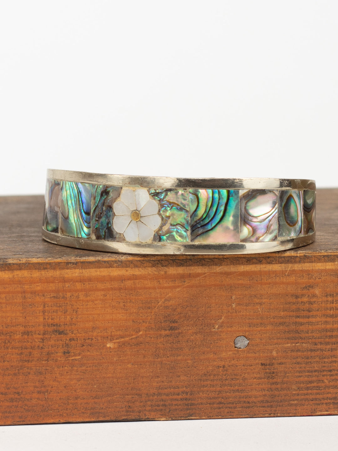 Vintage 70s Abalone Inlay Cuff Bracelet with Mother of Pearl Flower