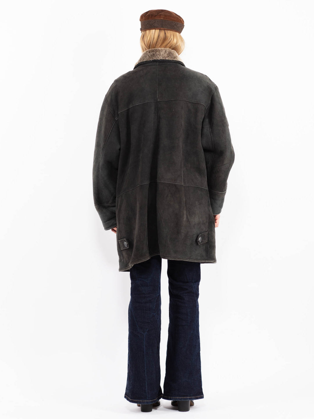 Vintage 90's Women Faded Sheepskin Coat in Black
