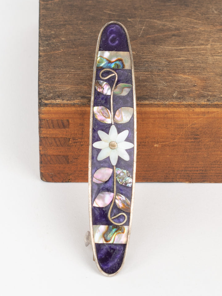 Vintage 80s Purple Inlay Hair Barrette with Abalone & Mother of Pearl Flower