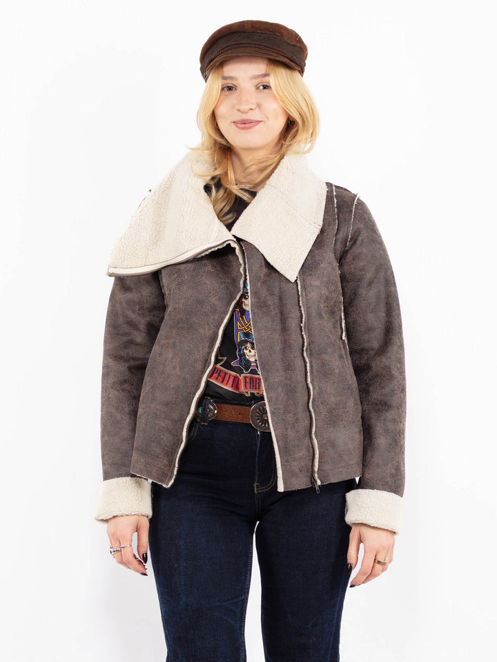 Vintage 00's Women Faux Sheepskin Jacket in Brown