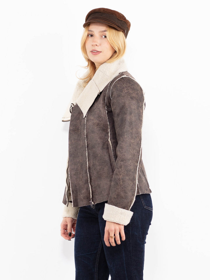 Vintage 00's Women Faux Sheepskin Jacket in Brown