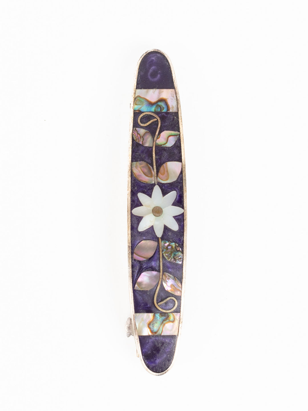 Vintage 80s Purple Inlay Hair Barrette with Abalone & Mother of Pearl Flower