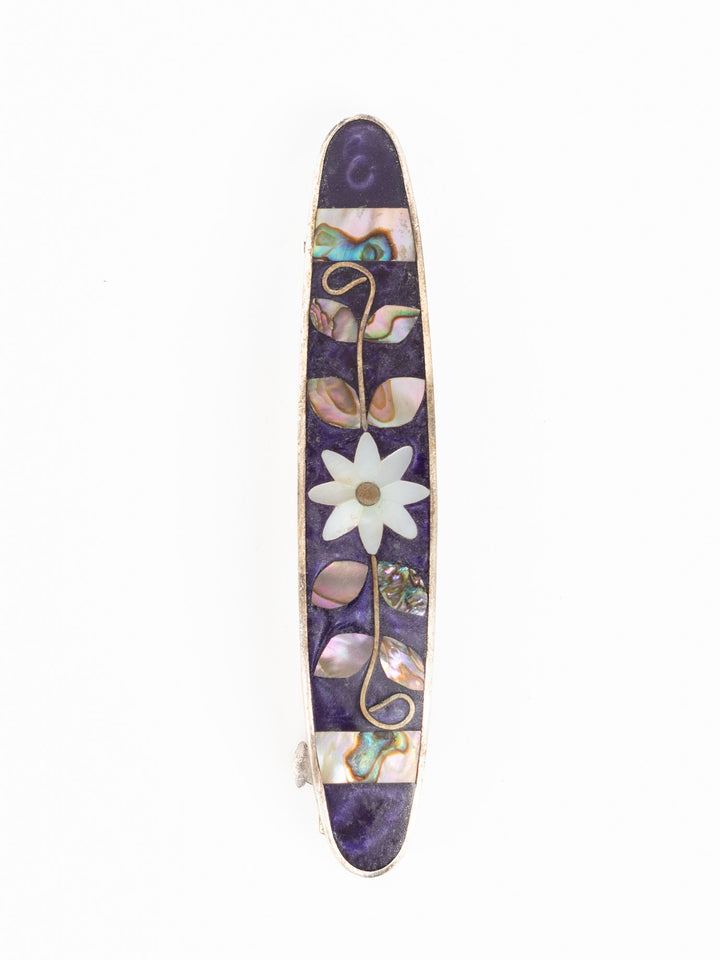 Vintage 80s Purple Inlay Hair Barrette with Abalone & Mother of Pearl Flower