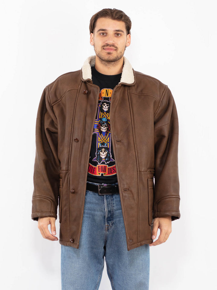 Vintage 90's Men Faux Sheepskin Coat in Brown